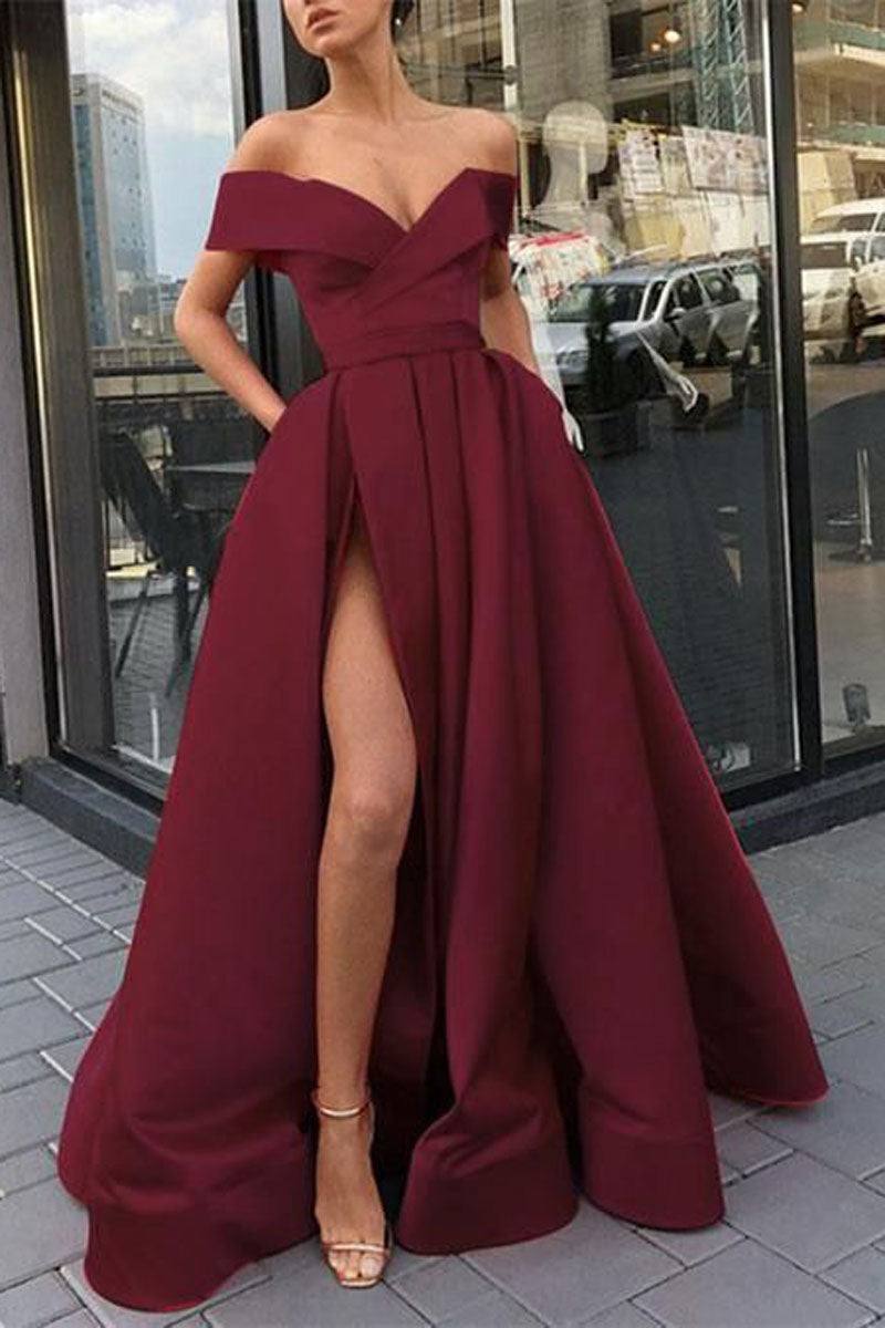 Simple burgundy satin long prom dress burgundy formal dress - RongMoon