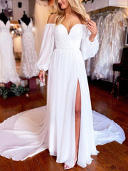 White Aline chiffon long prom dress, white evening dress - RongMoon