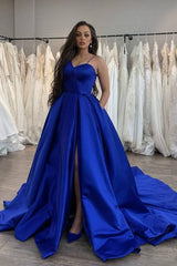 Simple blue satin long prom dress blue evening dress - RongMoon