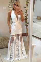 White v neck tulle lace long prom dress, white lace evening dress - RongMoon