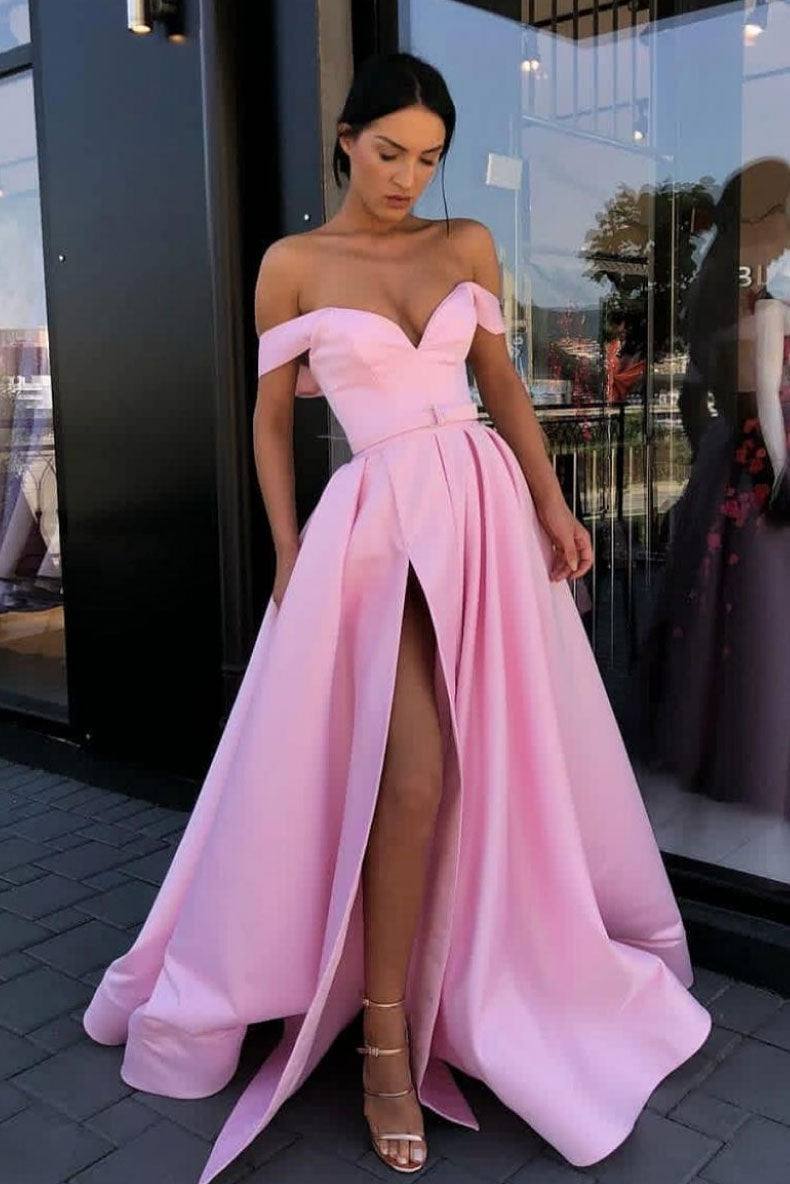 Simple pink off shoulder satin long prom dress pink evening dress - RongMoon