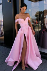 Simple pink off shoulder satin long prom dress pink evening dress - RongMoon