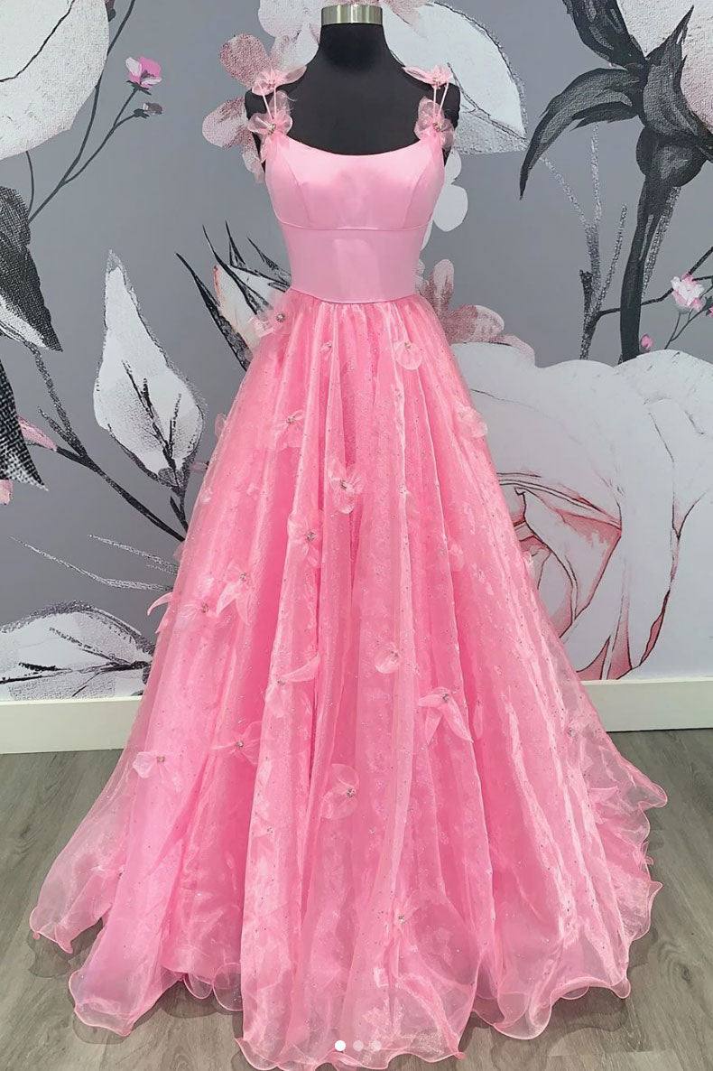Pink tulle applique long prom dress pink formal dress - RongMoon