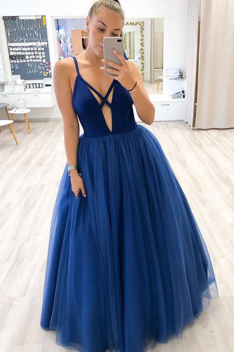 Simple blue tulle long prom dress blue tulle formal dress - RongMoon