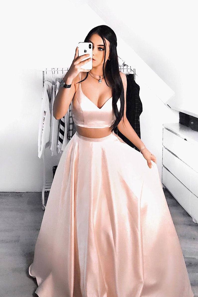 Simple pink two pieces long prom dress pink formal dress - RongMoon