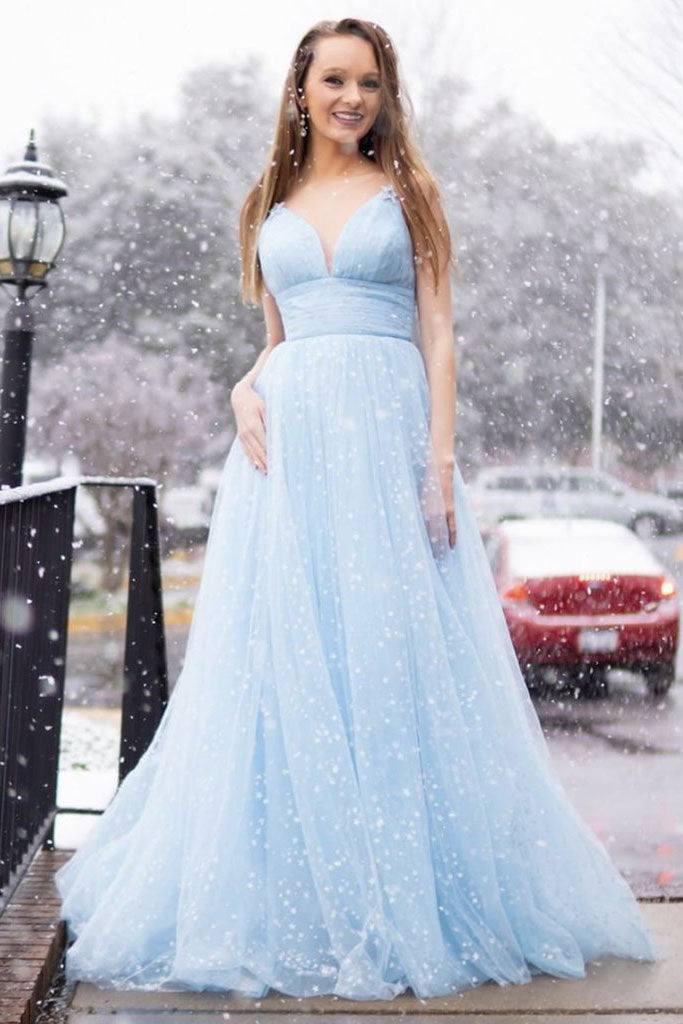 Simple blue tulle long prom dress tulle evening dress - RongMoon