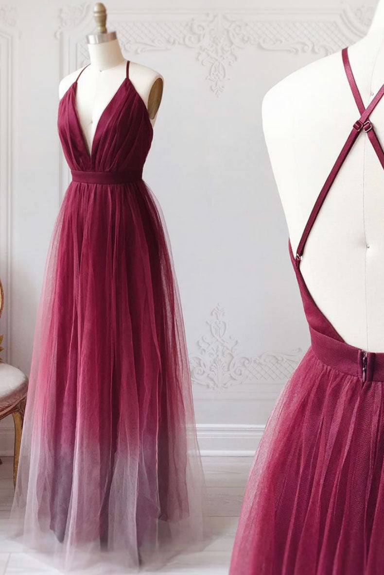 Burgundy v neck tulle long prom dress burgundy tulle long formal dress - RongMoon