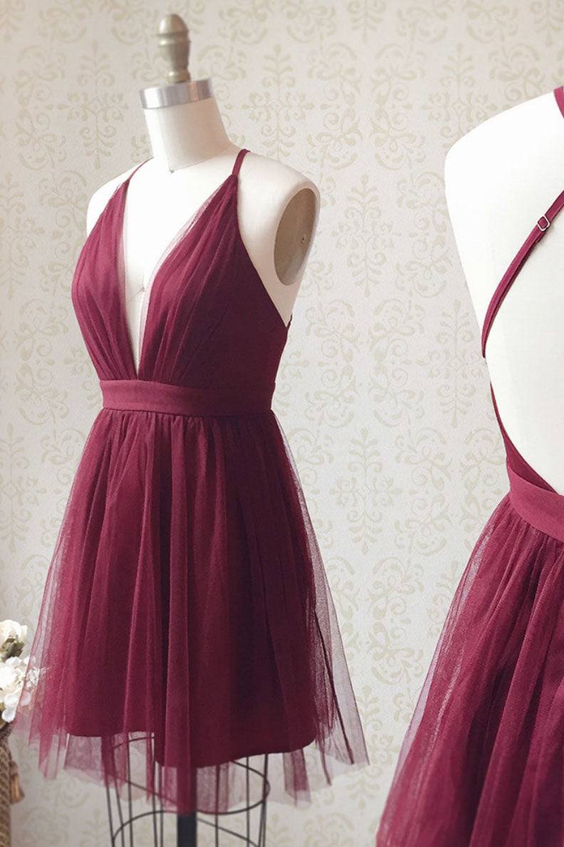 Burgundy v neck tulle short prom dress burgundy homecoming dress - RongMoon