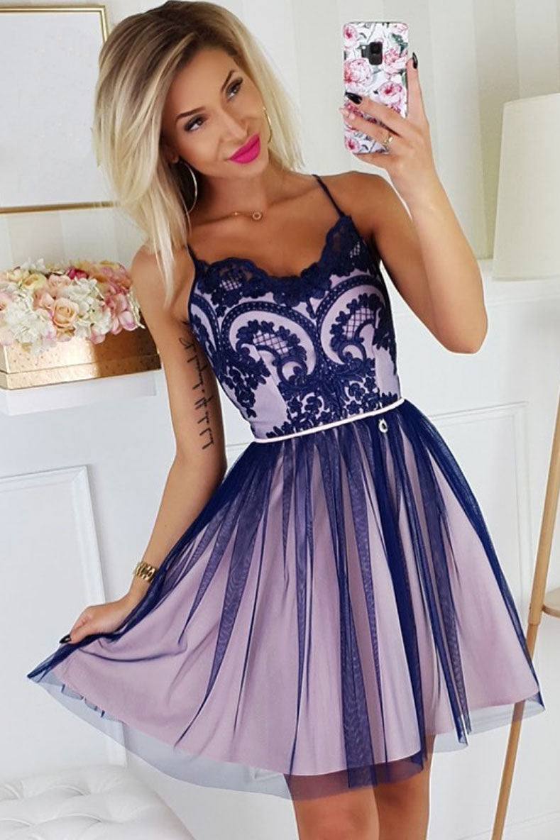 Cute tulle lace short prom dress, tulle lace homecoming dress - RongMoon