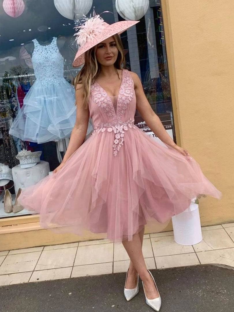 Pink v neck tulle lace short prom dress, pink tulle lace formal dress - RongMoon