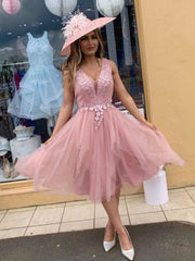 Pink v neck tulle lace short prom dress, pink tulle lace formal dress - RongMoon
