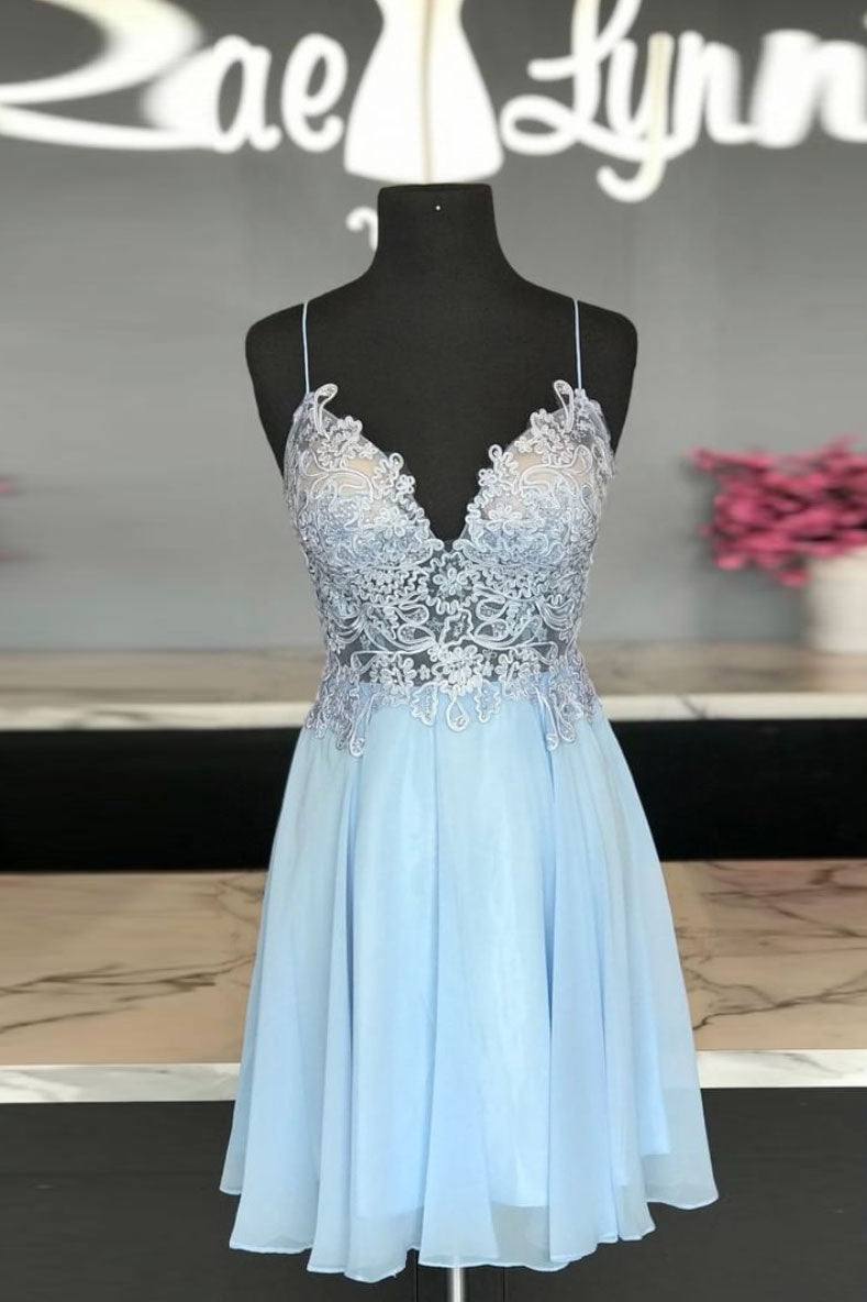 blue sweetheart chiffon lace short prom dress blue homecoming dress - RongMoon