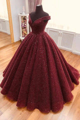 Burgundy tulle sequin long prom dress, burgundy long evening dress - RongMoon