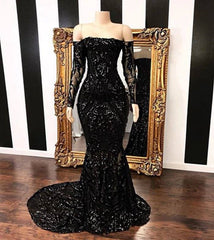 Black Robe De Soiree Mermaid Long Sleeves Appliques Sequins Long Prom Dresses - RongMoon