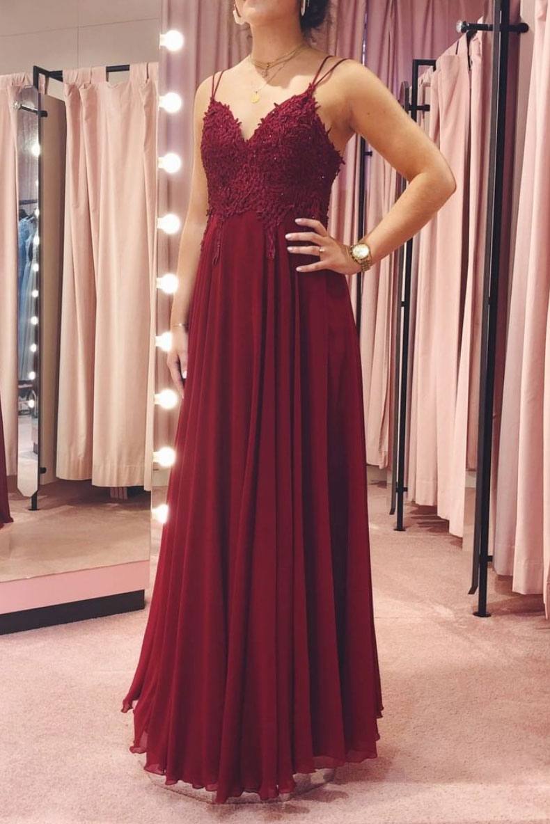 Burgundy v neck chiffon lace long prom dress burgundy formal dress - RongMoon