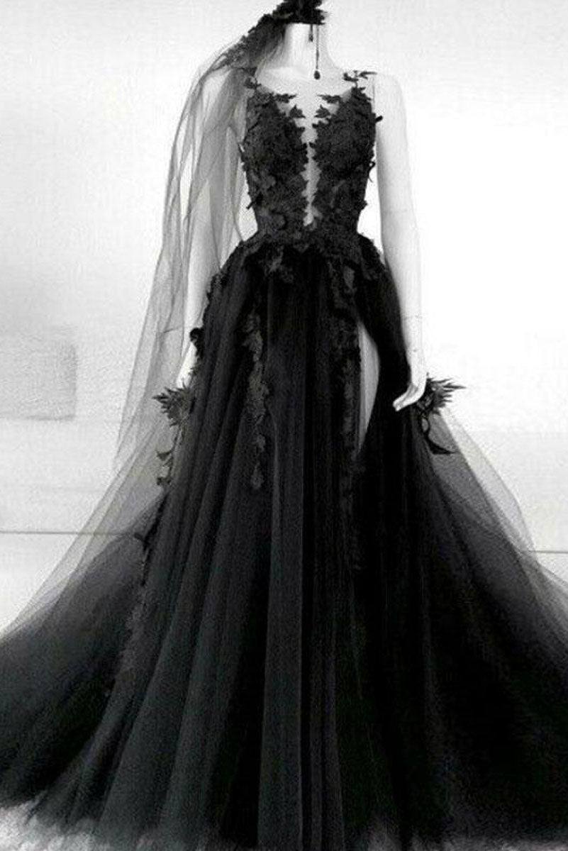 Black round neck tulle lace long prom dress black tulle formal dress - RongMoon