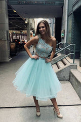 Blue one shoulder tulle lace short prom dress blue lace homecoming dress - RongMoon