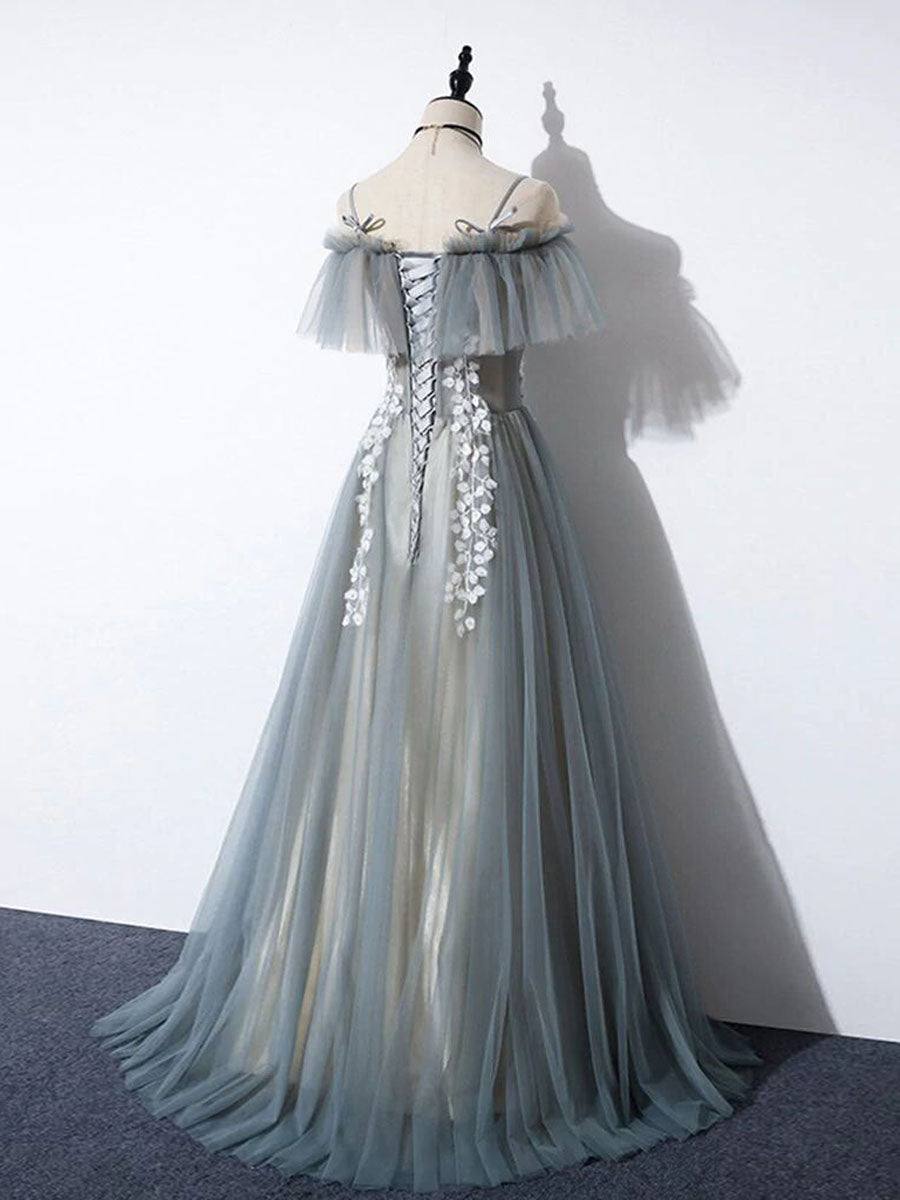 Gray blue tulle lace long prom dress, A line tulle long evening dress - RongMoon