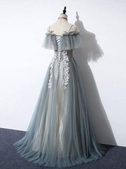 Gray blue tulle lace long prom dress, A line tulle long evening dress - RongMoon