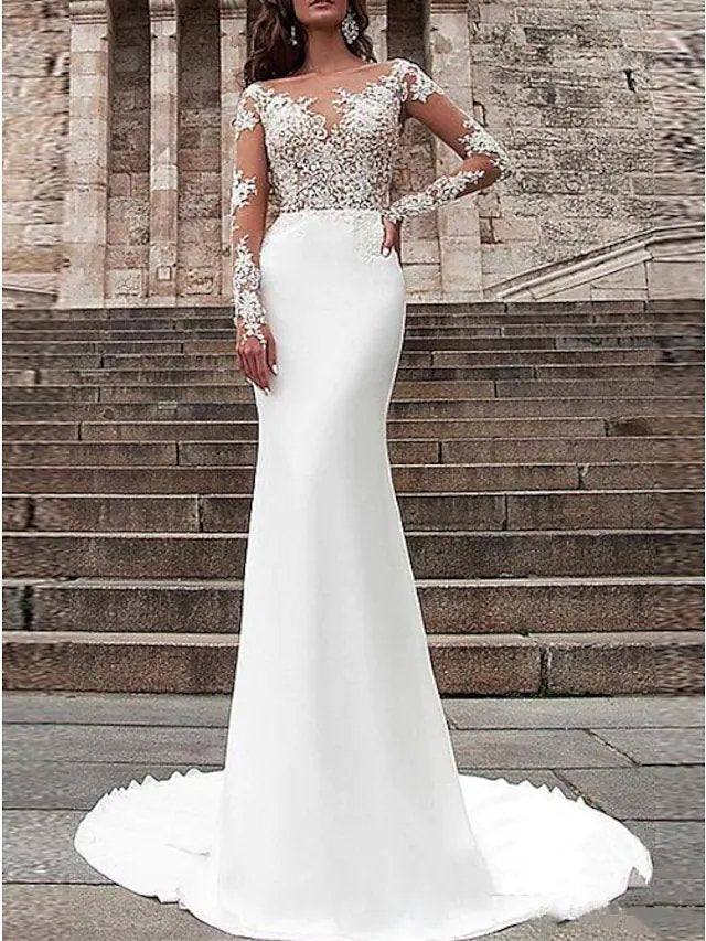 Mermaid / Trumpet Wedding Dresses V Neck Off Shoulder Sweep / Brush Train Stretch Satin Long Sleeve Country Plus Size with Lace Buttons Embroidery - RongMoon