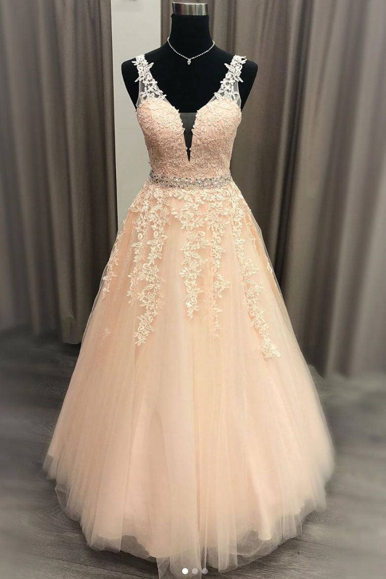 Pink v neck tulle lace long prom dress pink evening dress - RongMoon