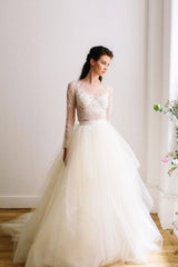 White round neck two pieces lace tulle long prom dress wedding dress - RongMoon
