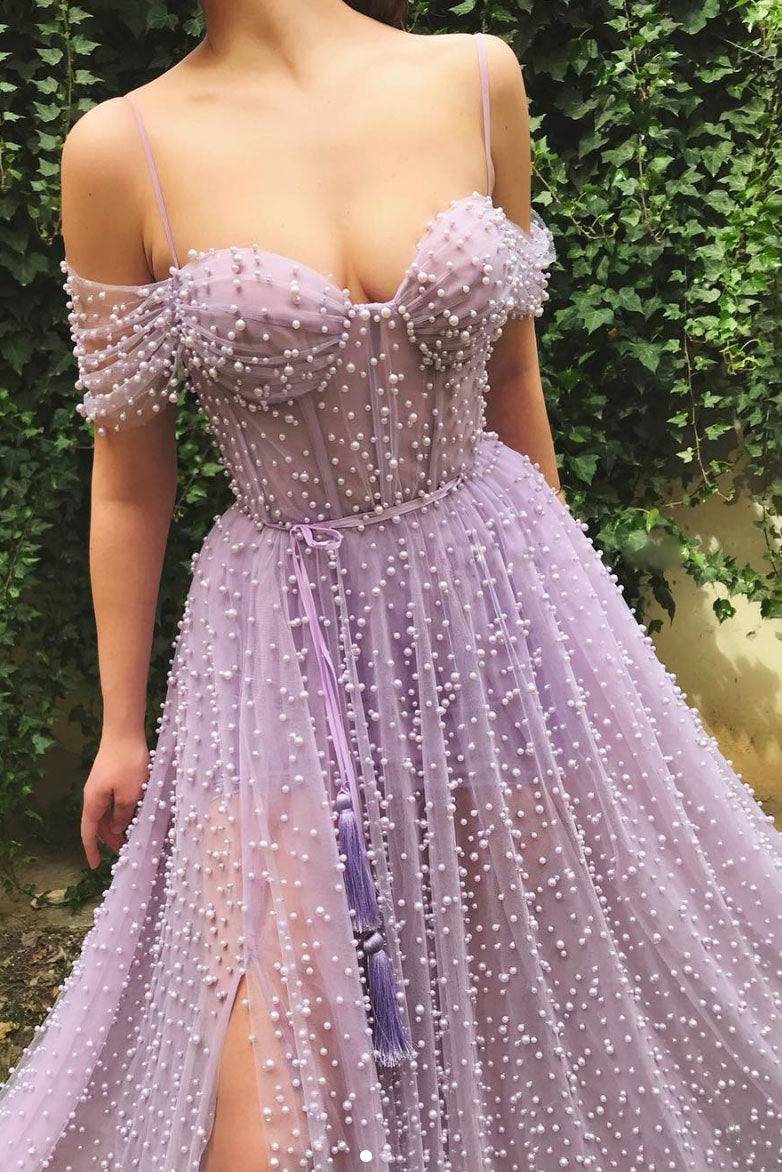 Purple sweetheart off shoulder tulle beads long prom dress - RongMoon