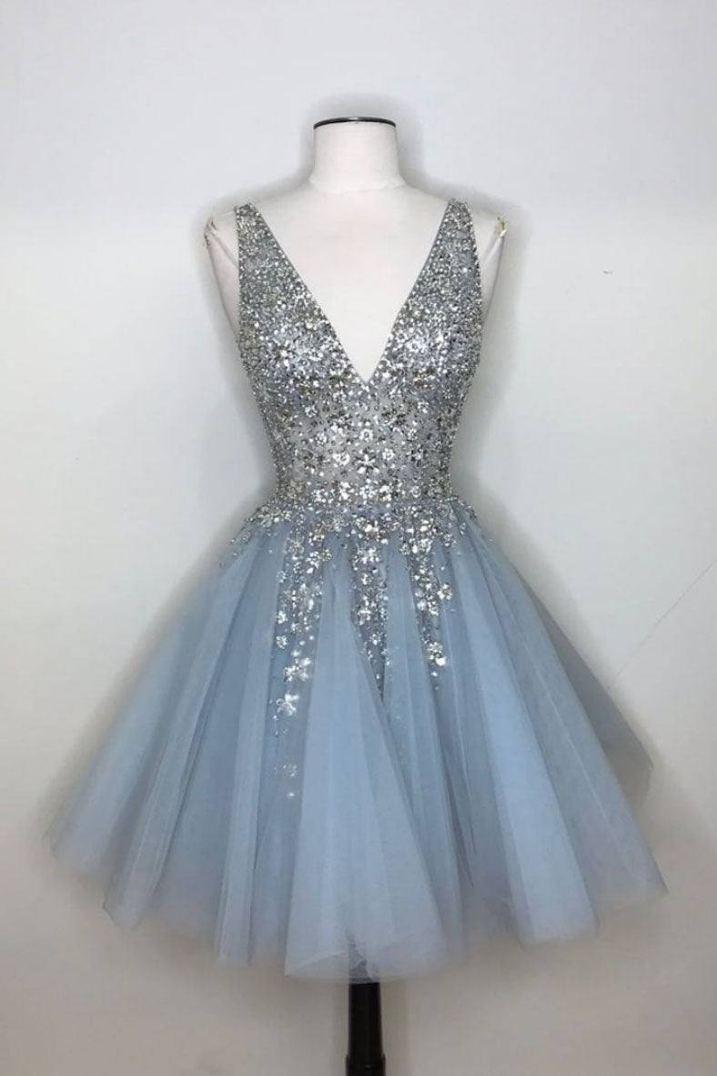 Blue v neck tulle sequin short prom dress, blue homecoming dress - RongMoon