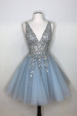 Blue v neck tulle sequin short prom dress, blue homecoming dress - RongMoon