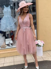 Pink v neck tulle lace short prom dress, pink tulle lace formal dress - RongMoon