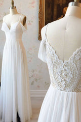 Simple white off shoulder chiffon lace long prom dress evening dress - RongMoon