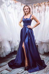 Simple satin blue long prom dress blue satin evening dress - RongMoon