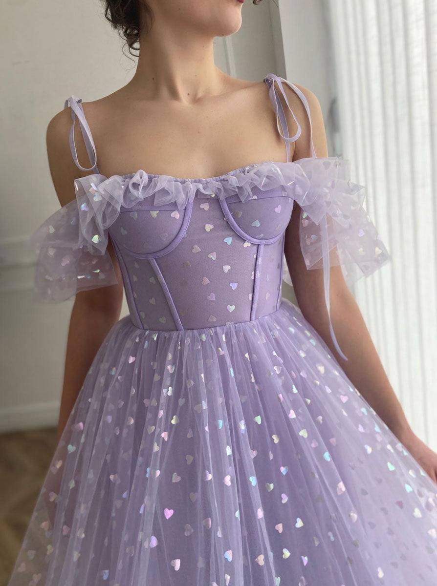 Purple tulle tea length prom dress, purple evening dress - RongMoon