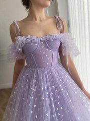 Purple tulle tea length prom dress, purple evening dress - RongMoon