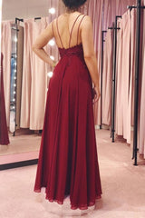 Burgundy v neck chiffon lace long prom dress burgundy formal dress - RongMoon