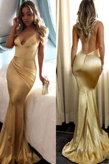 Simple gold satin mermaid long prom dress gold evening dress - RongMoon