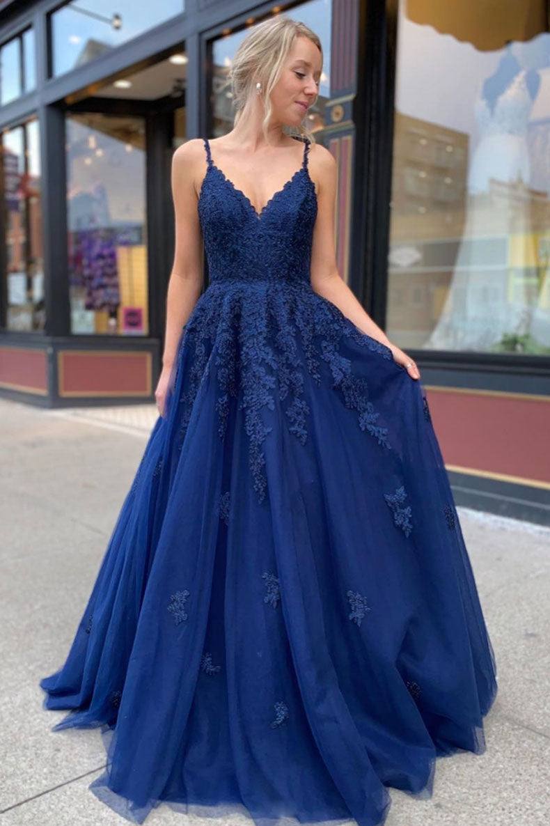 Blue lace tulle long prom dress blue lace formal dress - RongMoon