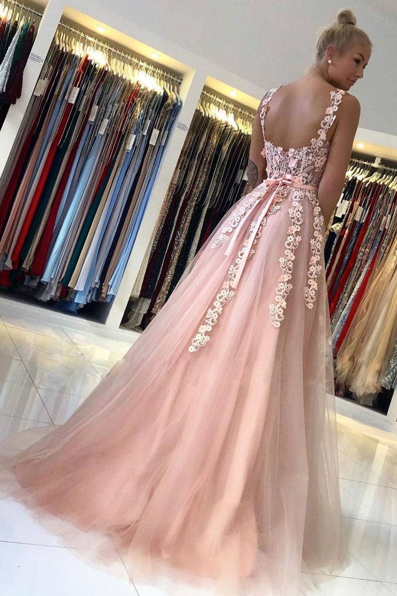 Pink sweetheart tulle lace long prom dress lace evening dress - RongMoon