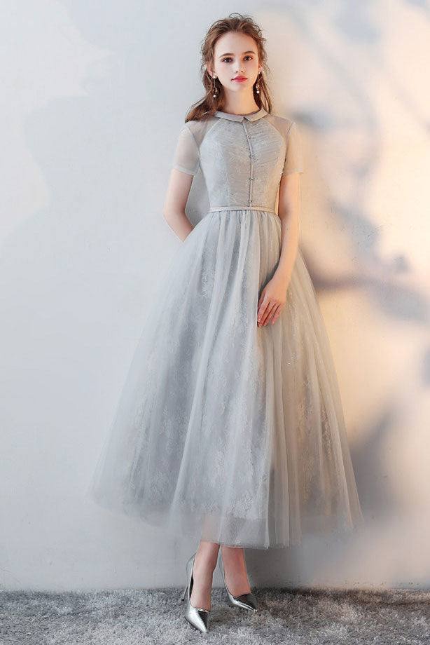 Gray tulle lace tea length prom dress gray tulle formal dress - RongMoon