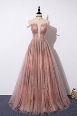 Pink tulle lace long prom dress pink tulle formal dress - RongMoon
