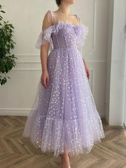 Purple tulle tea length prom dress, purple evening dress - RongMoon