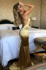 Simple gold satin mermaid long prom dress gold evening dress - RongMoon