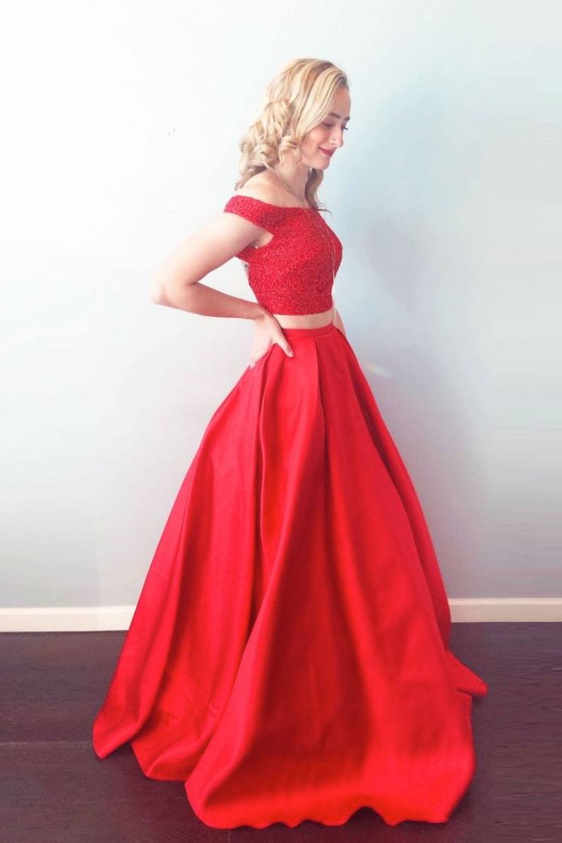 Red two pieces satin long prom dress red long evening dress - RongMoon