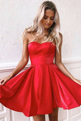 Simple sweetheart red satin short prom dress red homecoming dress - RongMoon