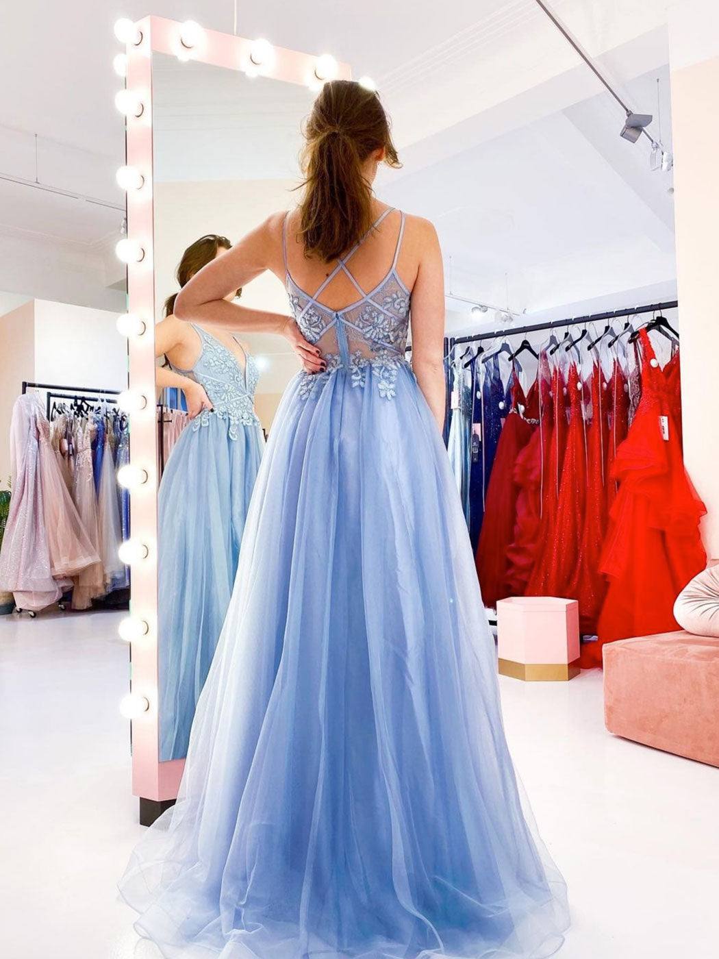 Blue v neck tulle lace long prom dress, blue tulle evening dress - RongMoon