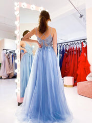 Blue v neck tulle lace long prom dress, blue tulle evening dress - RongMoon