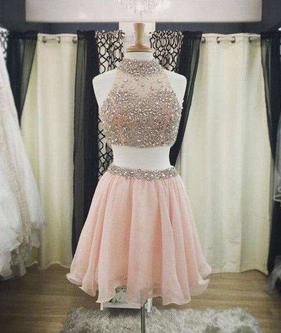 Cute two pieces sequin short prom dress, cute pink homecoming dress - RongMoon
