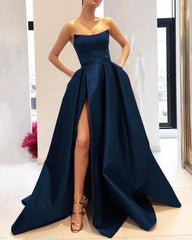 Strapless Bodice Corset Long Satin Leg Split Evening Dresses