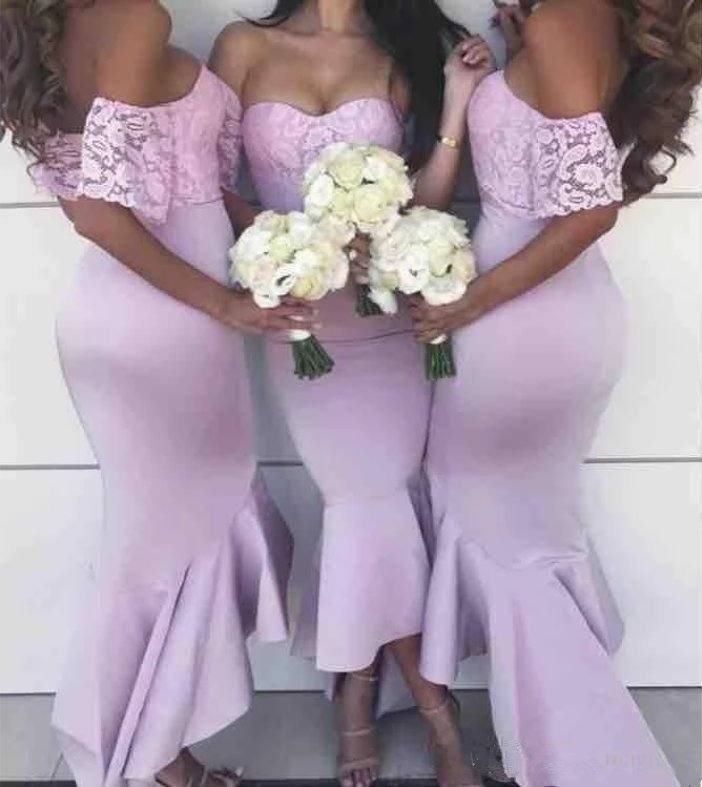 Hi Low Bridesmaid Dresses For Women Mermaid Off The Shoulder Satin Lace Long Cheap Under 50 Wedding Party Dresses - RongMoon