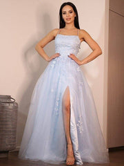 A-Line/Princess Lace Ruffles Spaghetti Straps Sleeveless Floor-Length Dresses - RongMoon